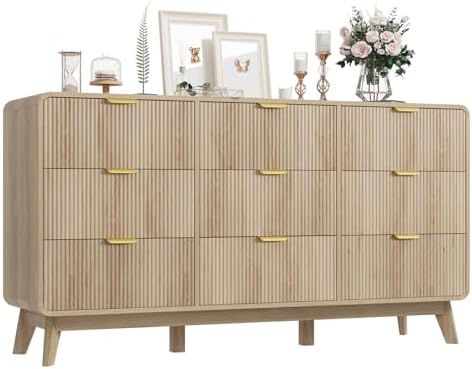 QUW Fluted 59.1" Wide Modern Dresser for Bedroom with 9 Drawers, Tall Chest of Drawers with Metal Handle, Wooden Dresser TV Stand, Hallway, Living Room, Natural Oak by QUW