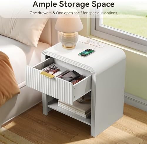 Decofy Fluted 1-Drawer Nightstand Set of 2 with Charging Station, White - Image 5