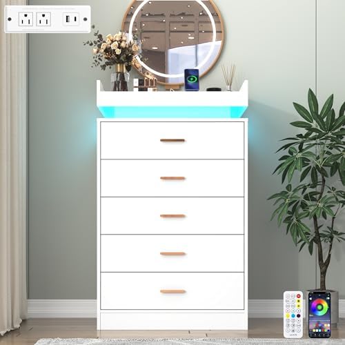 Hlivelood 5 Drawer Dresser with LED Light and Charging Station, Modern Chest of Drawers for Closet, Wide Drawer Organizer Cabinet, Living Room, Entryway, Hallway, White - Image 3