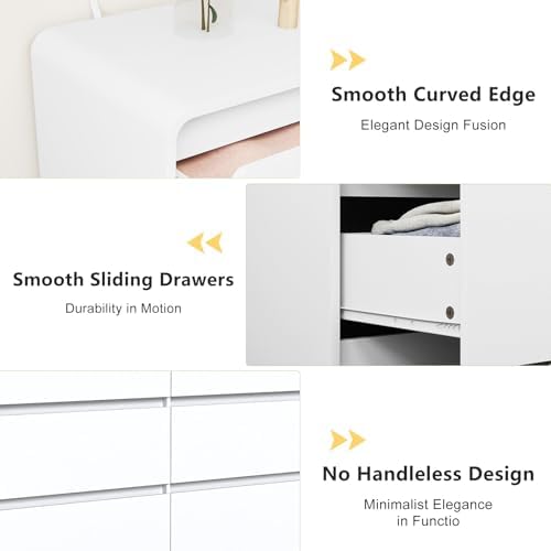 Vibe & Dine White 6 Drawer Dresser for Bedroom, Modern Wooden Dressers & Chests of Drawers with Arc Edge Design, 47" Wide Dresser for Closet, Living Room, Entryway - Image 6