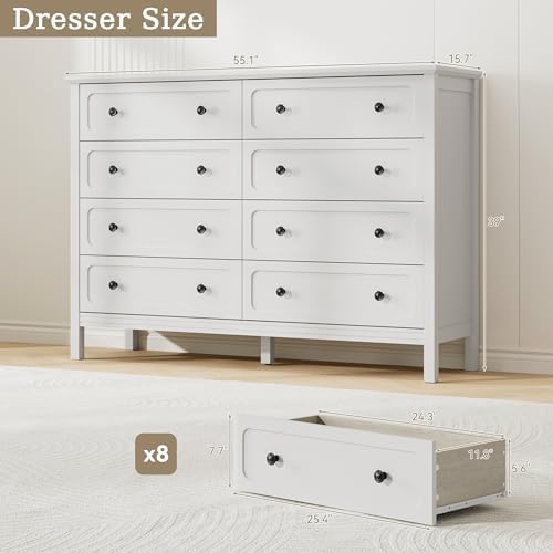 Tradare White Dresser for Bedroom, 8 Drawer Dresser with Metal Handles, 55" Wide Modern Dressers & Chest of Drawers for Living Room, Hallway, Entryway - Image 2