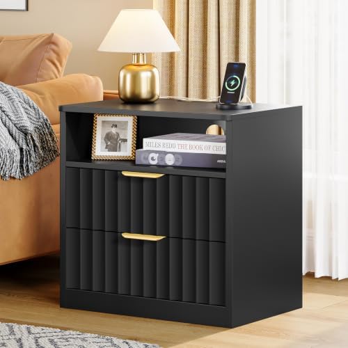 TEENFON Fluted Nightstands Set of 2, Night Stand with Charging Station and LED Light, Nightstand with Storage Drawer and Open Shelf, Bedside Table for Small Space, Bedroom, Black - Image 4