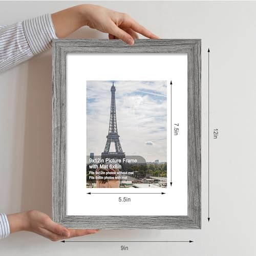 Hongkee 9x12 Picture Frame Set of 4, Made of Glass and Grey Wooden Frame - Display Picture 6x8 with Mat or 9 x 12 Without Mat, 9 by 12 Photo for Wall or Tabletop - Image 2