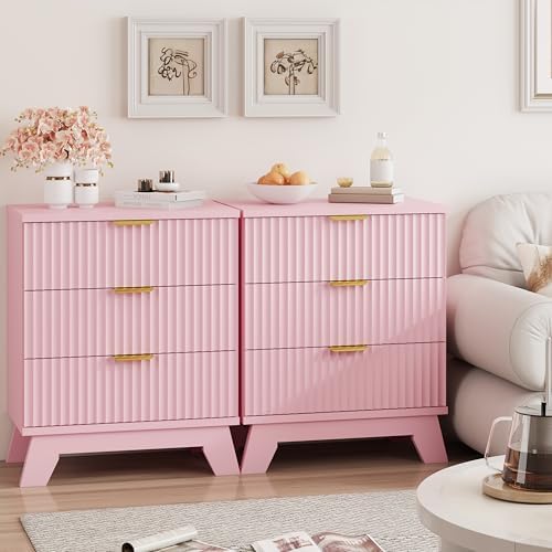 Xixini Fluted Nightstand with 3 Drawers, 24" Wide Side Table, Pink - Image 7
