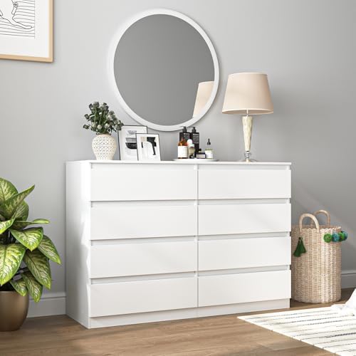 Vibe & Dine Double Dresser 8 Drawer, Modern Wooden Chest of Drawers with Wide Storage for Closet, Bedroom, Living Room, White - Image 4