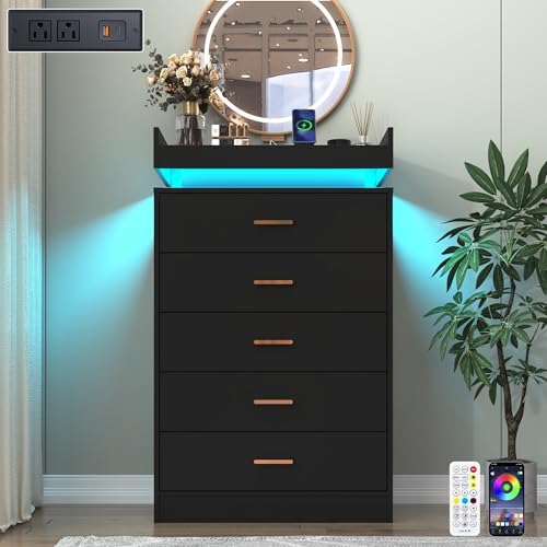 Hlivelood 5 Drawer Dresser with LED Light and Charging Station, Modern Chest of Drawers for Closet, Wide Drawer Organizer Cabinet, Living Room, Entryway, Hallway, Black - Image 3
