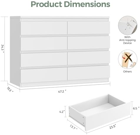 Jocoevol White 8 Drawer Dresser for Bedroom (15.3" D x 55.2" W x 32.3" H) - Image 2