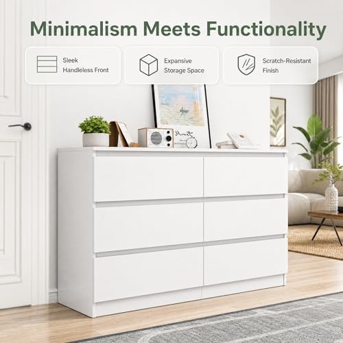 White 6 Drawer Dresser for Bedroom,Modern Deep Drawer Dresser with No-Handle Design,Wide Storage Chest of Drawers,Wood Bedroom Storage Organizer Furniture for Closet,Hallway - Image 6