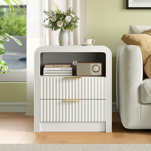 Decofy Fluted Nightstand with Charging Station, 2 Drawers, White - Image 6