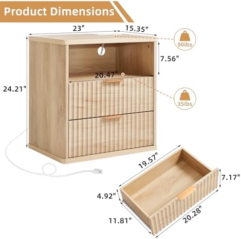 LEYAOYAO Fluted Nightstand with Charging Station, 23" Modern Night Stand with Woodgrain Top, 2 Drawers End Table w/Storage, Bedside Tables for Bedroom, Living Room, Curved Profile Design,Wood - Image 2