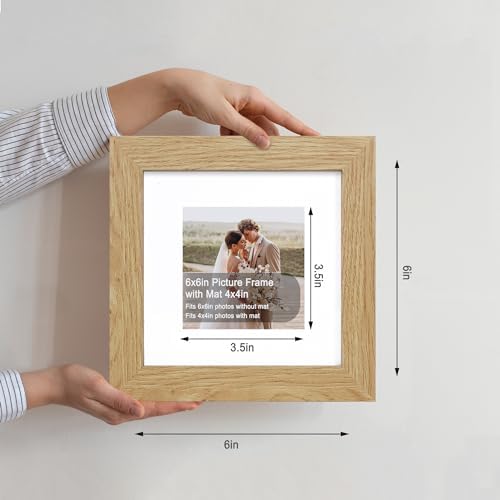 Hongkee 6x6 Picture Frame Set of 4, Made of Glass and Natural Oak Wooden Frame - Display Picture 4x4 with Mat or 6 x 6 Without Mat, 6x6 Photo for Wall or Tabletop - Image 2