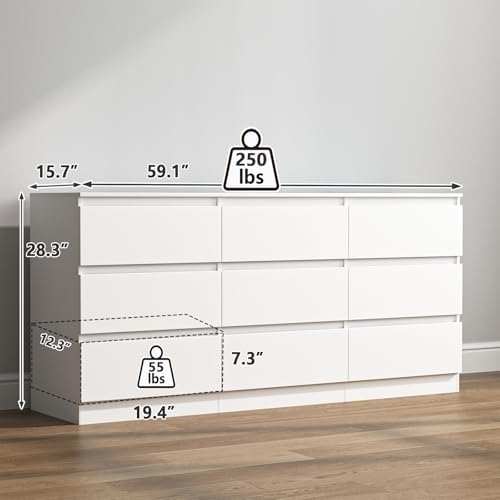 Vibe & Dine 9 Drawer Dresser, 59.1" Long Dresser for Bedroom Free Handle, Modern Wooden Chest of Drawers with Wide Storage for Living Room, White - Image 3