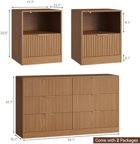 6 Drawer Dresser & 1-Drawer Nightstand Set 3-Piece, Natural Wood丨55 Wide Bedroom Set Night Stand Set of 2 with Metal Handle, Fluted Wood Chest of Drawers Storage Dressers Set for Bedroom - Image 4