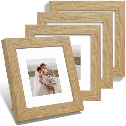 Hongkee 6x6 Picture Frame Set of 4, Made of Glass and Natural Oak Wooden Frame - Display Picture 4x4 with Mat or 6 x 6 Without Mat, 6x6 Photo for Wall or Tabletop by Hongkee