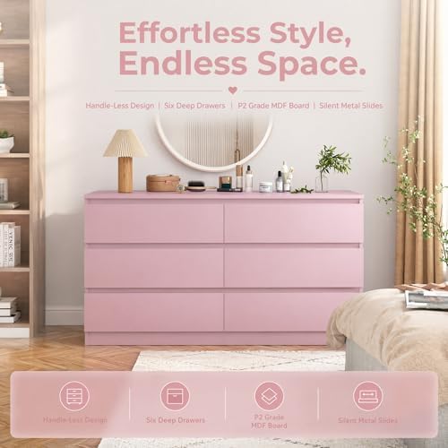 Spaco Pink Dresser for Bedroom,Modern 6 Drawer Dresser with Deep Drawer,Wide Storage Chest of Drawers,Bedroom Storage Organizer Furniture,TV Stand for Living Room - Image 5