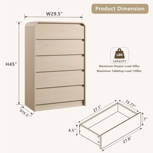 Aitjunz Modern 5 Drawers Dresser for Bedroom, 45" Tall Curved Dresser,Cream - Image 2