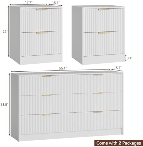 6 Drawer Dresser & 2-Drawer Nightstand Set 3-Piece, White丨55 Wide Bedroom Set Night Stand Set of 2 with Metal Handle, Fluted Wood Chest of Drawers Storage Dressers Set for Bedroom - Image 2