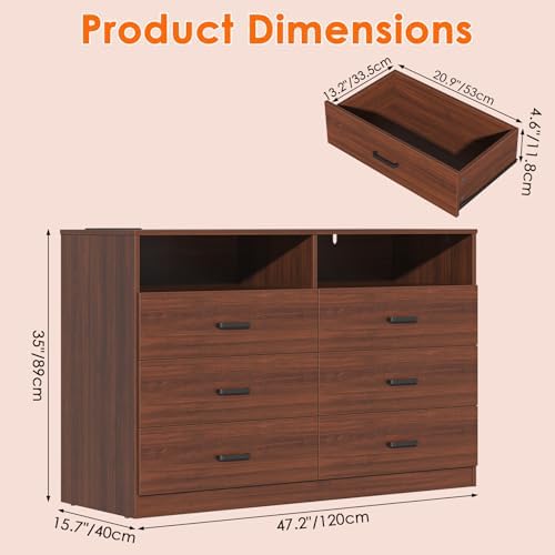 Bigbiglife Dresser for Bedroom, 6 Drawer Dresser with Charging Station and Led Light, Modern Chest of Drawers for Bedroom, Living Room (Walnut Brown) - Image 3