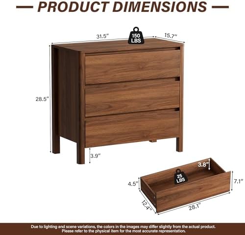 Furniway 31.5" Mid-Century Modern Dresser for Bedroom, 3 Drawer Small Chest of Drawers with Wood Legs, Large Storage Bedroom Dresser, Walnut - Image 2