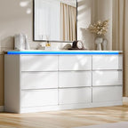 9 Drawer Dresser for Bedroom, 63" Long White Chest of Drawers w/LED Lights by Gyfimoie