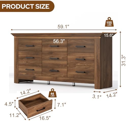9 Drawer Dresser for Bedroom, Wood Dresser Chests of Drawers with Metal Handle, Triple Wide Dressers, Vintage Design Storage Chest Cabinet and Organizer Drawers for Closet, Hallway, Entryway, Walnut - Image 2