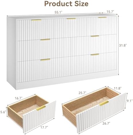 White 7 Drawer Dresser for Bedroom, 55" Wide Fluted Chest of Drawers with Gold Metal Handles, Modern Wood Dresser Closet Storage Organizer Mid Century TV Stand for Living Room Hallway - Image 2