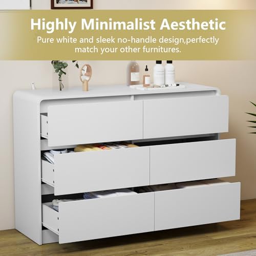 White 6 Drawer Dresser for Bedroom,Modern Deep Drawer Dresser with Curved Corner and No-Handle Design,Storage Wide Chest of Drawer,Wood Bedroom Storage Furniture for Closet,Nursery - Image 5