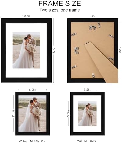 Hongkee 9x12 Picture Frame Set of 4, Made of Real Glass and Rustic Black Frame - Display Picture 6x8 with Mat or 9 x 12 Without Mat, 9 by 12 Photo for Wall or Tabletop - Image 2
