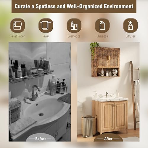 INNOD Bathroom Wall Cabinet, Wall-Mounted Medicine Cabinet with Adjustable Wood Shelf & Doors, Floating Bathroom Cabinet Over Toilet for Laundry Room & Kitchen & Living Room (Retro) - Image 4
