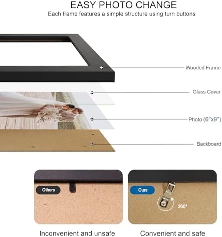 Hongkee 6x9 Picture Frame Set of 4, Made of Real Glass and Black Wooden Frame - 6 by 9 Photo for Wall or Tabletop Display - Image 3