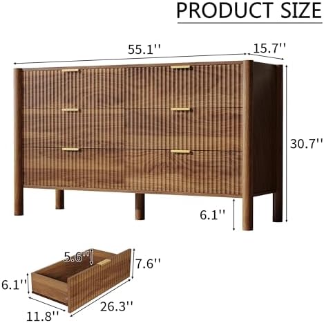 55in Walnut Fluted 6 Drawer Dresser for Bedroom,Mid Century Wood Chest - Image 2
