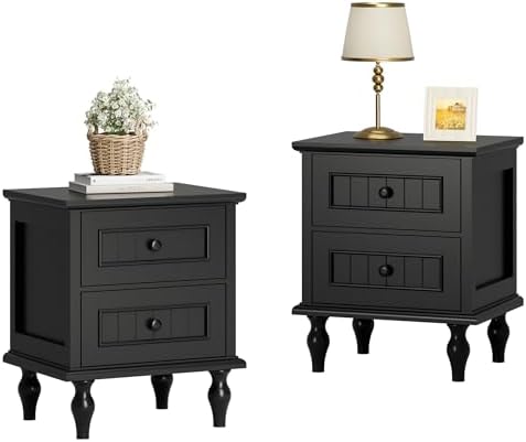 Black Nightstand Set of 2, Vintage Bedside Tables with Drawers for Bedroom by Scurrty