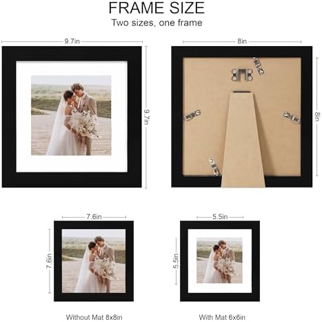 Hongkee 8x8 Picture Frames Set of 4, Made of Real Glass and Black Wooden Frame - Display Picture 6x6 with Mat or 8 x 8 Without Mat, 8 by 8 Photo for Wall or Tabletop - Image 2