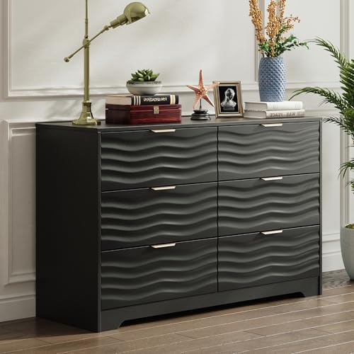 MALOL Coastline Fluted 6 Drawers Dresser for Bedroom, 48" Wide Modern Chest of TV Stand Organizers with Metal Handle, Storage Wooden Dresser Drawer for Living Room, Hallway, Closet, Black Wood - Image 3