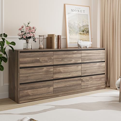 Bobve 70.9” Dresser for Bedroom with 9 Drawers, Large Modern Chest of Drawers Handle Free, Long Wooden Dressers Storage Organizer, Wide Double Dresser for Bedroom, Living Room, Hallway (Walnut) by Bobve