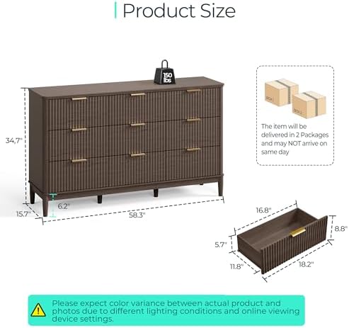 LINSY HOME Fluted Dresser for Bedroom with 9 Drawers, 58" Wide Mid Century Modern Dresser, Tall Boho Chest of Drawers, Large Wood Accent Storage Cabinet for Living Room, Curved Profile Design, Walnut - Image 2