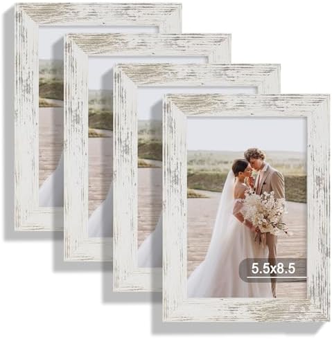 Hongkee 5.5 x 8.5 Diploma Frame Set of 4, Made of Real Glass and Distressed White Frame, 5.5 by 8.5 Photo for Wall or Tabletop by Hongkee
