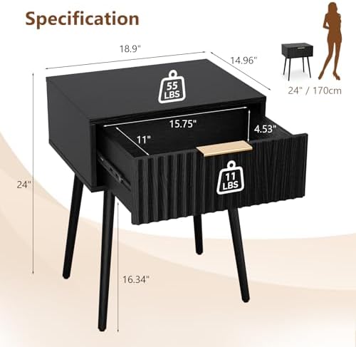 VINGLI Fluted Nightstand with Drawer, 19" W Mid Century Modern Nightstand for Bedroom, Bedside Table, End Tables Bedroom, Wood Night Stand, Black, 18.9" W*14.96" D*24" H - Image 2