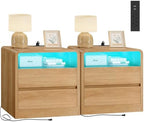 TEENFON Nightstands Set of 2 with Charging Station & LED Lights, Curved Corner Bedside Table 21.7" W, 2 Drawers & Open Shelf, USB-C & USB Ports, Natural, Storage End Table for Bedroom/Living Room by TEENFON