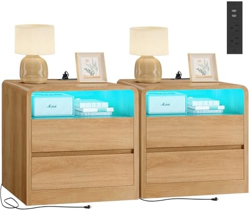 TEENFON Nightstands Set of 2 with Charging Station & LED Lights, Curved Corner Bedside Table 21.7" W, 2 Drawers & Open Shelf, USB-C & USB Ports, Natural, Storage End Table for Bedroom/Living Room by TEENFON