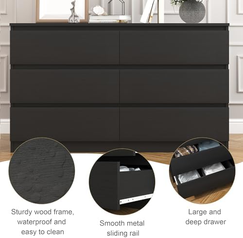 Black 6 Drawer Dresser for Bedroom, Modern Deep Drawer Dresser,Wide Chest of Drawers for Bedroom,Wood Storage Organizer Furniture,TV Dresser for Living Room - Image 5