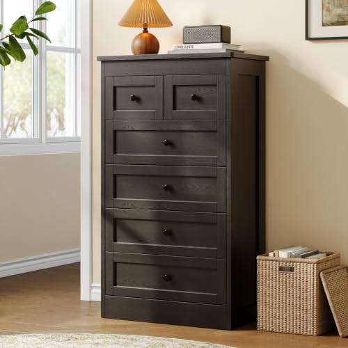 wanan Tall 6 Drawer Dresser for Bedroom, Black Modern 43.3'' Tall Wood Chest of Drawers, Storage Organizer with Smooth Metal Rails & Anti-Tip Kit for Closet, Hallway, Living Room by Wanan