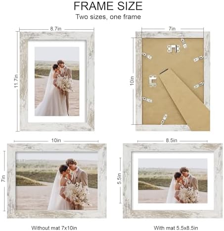 Hongkee 7x10 Picture Frame Set of 4, Made of Real Glass and Distressed White Frame - Display 5.5 x 8.5 Diploma Frame with Mat or 7x10 Without Mat, 7 by 10 Photo for Wall or Tabletop - Image 2