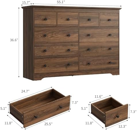 55 Inch Wide Dresser for Bedroom, 10 Drawer Dresser with Large Drawers, Thickened Top, Wood Chest for Living Room, Hallway, Walnut - Image 2