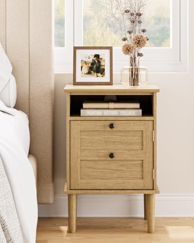 Nightstand, Boho Night Stand with 1 Drawers, Modern Side Accent Table with Open Shelf, Wooden Top Bedside End Table for Bedroom, Living Room, Yellow Oak - Image 3