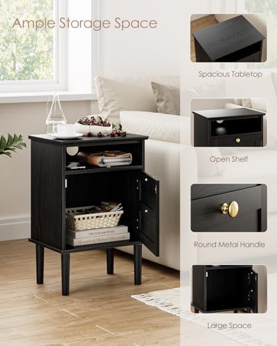 Nightstand, Boho Night Stand with 1 Drawers, Modern Side Accent Table with Open Shelf, Wooden Top Bedside End Table for Bedroom, Living Room, Black - Image 5