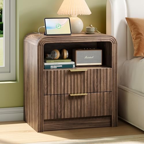 Decofy Fluted Nightstand with Charging Station, 2 Drawers, Walnut by Decofy