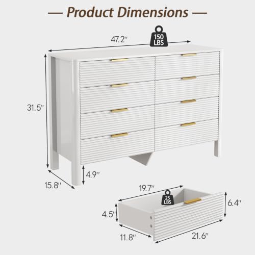 Fluted 8 Drawer Dresser, 47" High Gloss Dresser for Bedroom, White - Image 2
