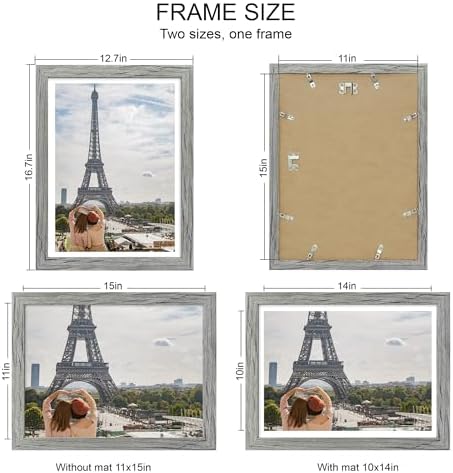 Hongkee 11x15 Picture Frame Set of 4, Made of Real Glass and Grey Frame - Display Picture 10x14 with Mat or 11x15 Without Mat, 11 by 15 Photo for Wall Mounting - Image 2