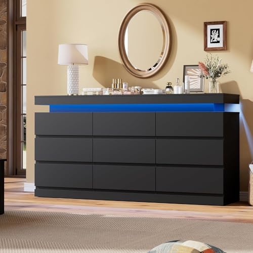 Garvee 9 Drawer Dresser for Bedroom - 63" Wide Chest of Drawers with LED Light and Charging Station, Large TV Stand Multi-Function Home Organizer for Living Room, Entryway, Hallway, Black - Image 7